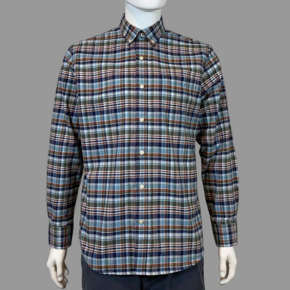 IZOD Plaid Button Down Shirt Men's Medium Blue Cotton Blend Long Sleeve